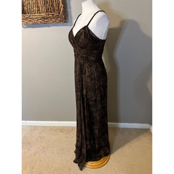 Teri Jon SIlk Maxi Dress 4 Small Black Brown Strappy Flowy Ruffle Y2K - Picture 4 of 13